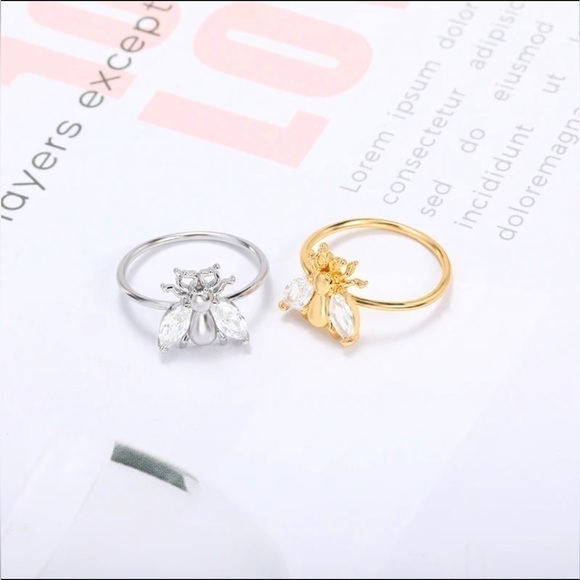 Platinum Plated Bee Ring With Diamond Wing Accents - Picture 2 of 5